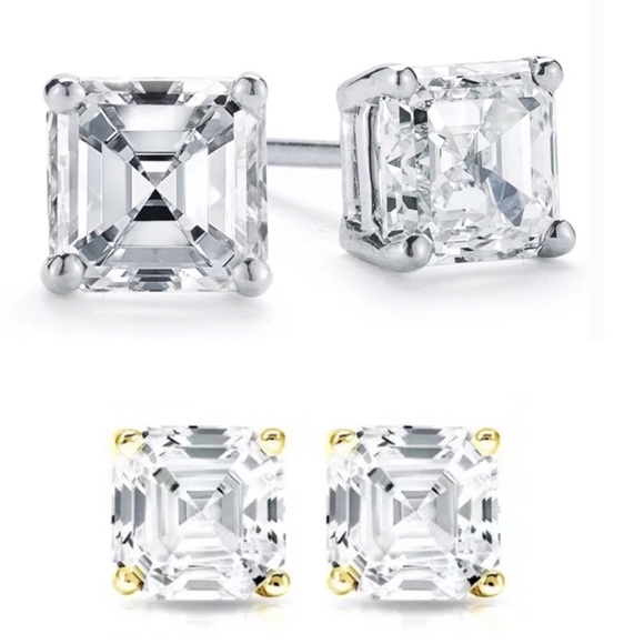 6.0 ct Assher Cut Solid  14K Gold Screwback Studs